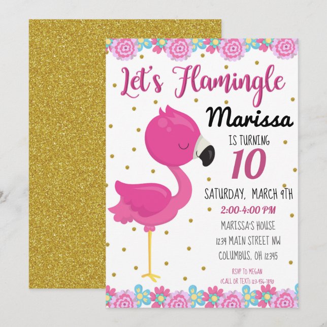 Convite de Aniversário Flamingo, Flamingle (Frente/Verso)