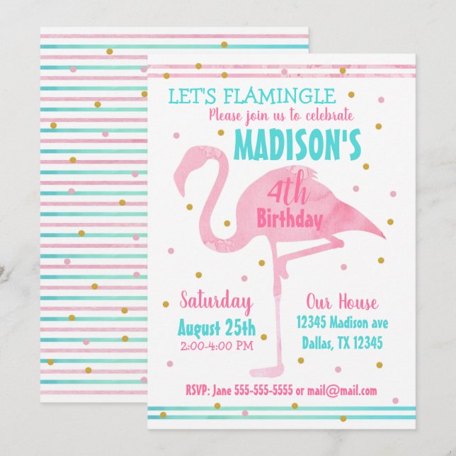 Convite de Aniversário Flamingo Rosa Aquarela (Frente/Verso)