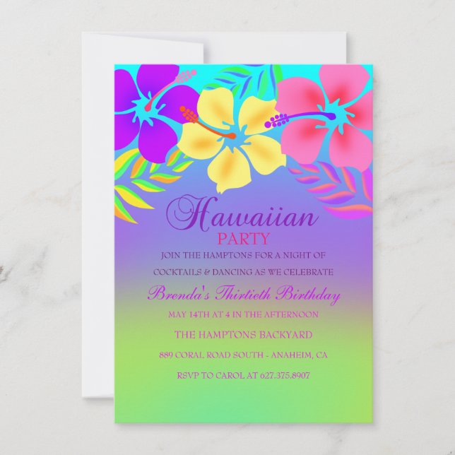Convite de Aniversário Flor Havaiana Arco-íris (Frente)