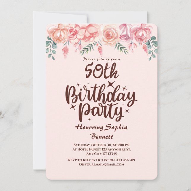 Convite de aniversário Floral 50º Personalizado (Frente)