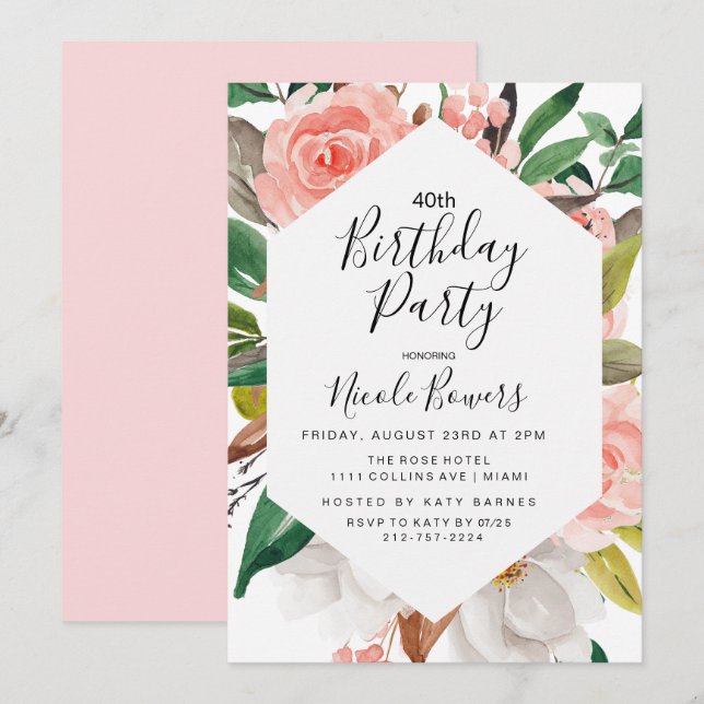 CONVITE DE ANIVERSÁRIO Floral Aquarela PARA QUALQU (Frente/Verso)