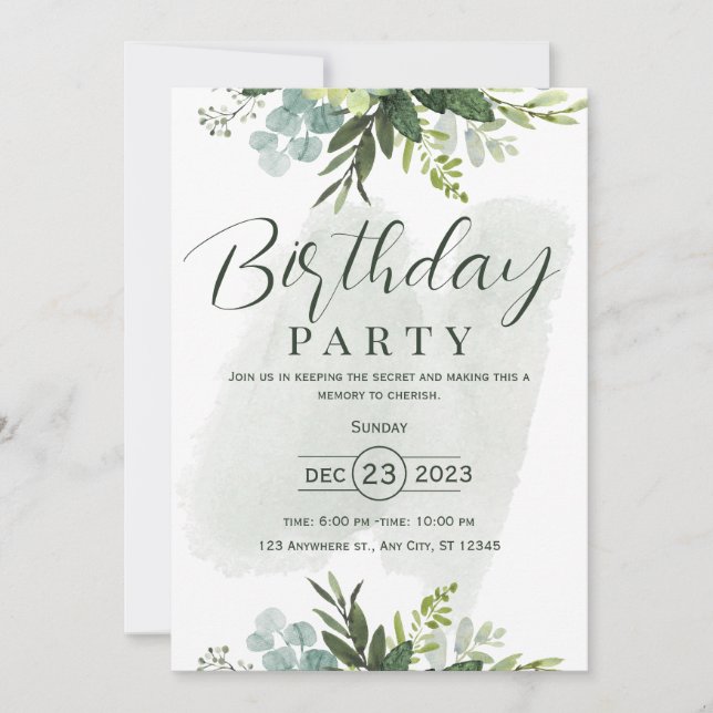 Convite de Aniversário Floral Aquarela Verde (Frente)