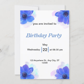 Convite de Aniversário Floral Azul com Aquarela Pa