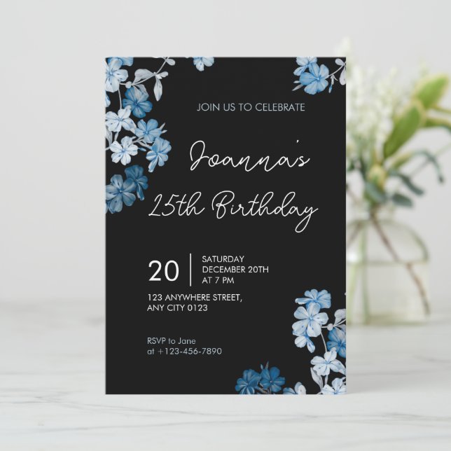 Convite de Aniversário Floral Azul Elegante (Em pé/Frente)
