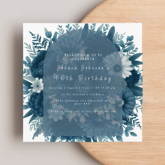 Convite de aniversário floral azul-marinho Elegant