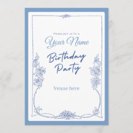Convite de Aniversário Floral Azul Vintage