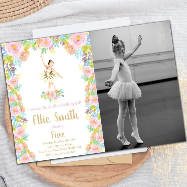 Convite de Aniversário Floral Ballerina com Foto (Floral Ballerina Birthday Invitations with photo)