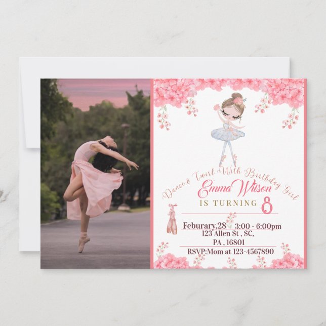Convite De Aniversário Floral Ballerina Para Menin (Frente)