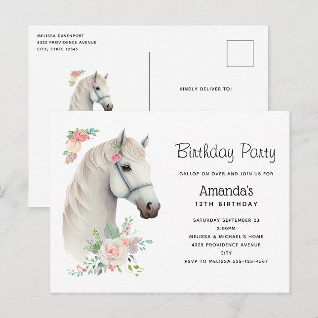 Convite de Aniversário Floral Boho Cavalo Branco E (Frente/Verso)