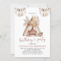Convite de aniversário Floral Boho Teepee Girl