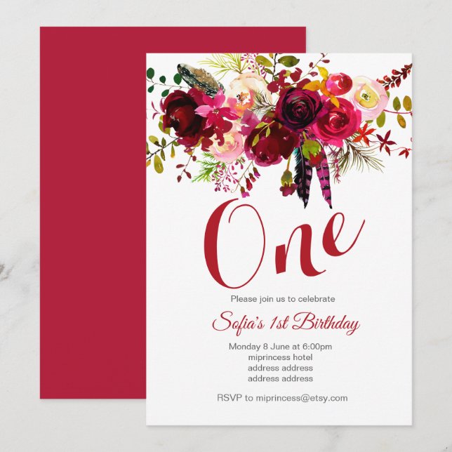 convite de aniversário floral bohochic (Frente/Verso)