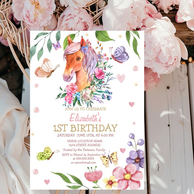 Convite de Aniversário Floral Borboleta Pônei List (Criador carregado)