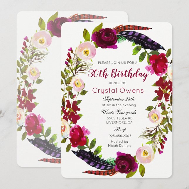 Convite de Aniversário Floral Burgundy - QUALQUER  (Frente/Verso)