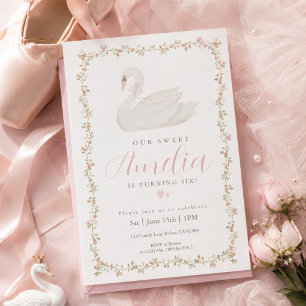 Convite de Aniversário Floral Cisne Coquette Rosa 