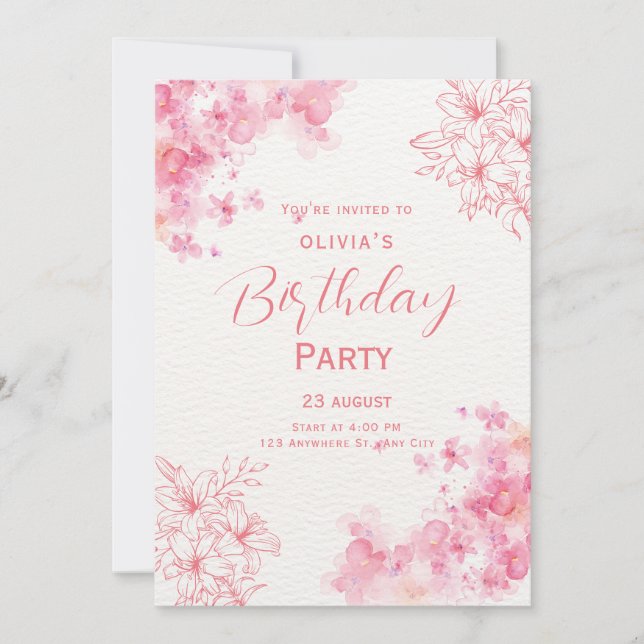 Convite de Aniversário Floral com Aquarela Rosa (Frente)