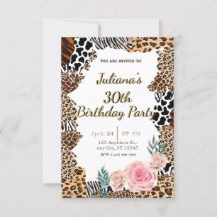 Convite de aniversário floral com estampa de anima