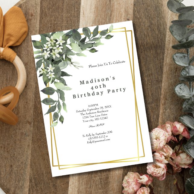 Convite de Aniversário Floral com Moldura Dourada  (Elegant Gold Frame Greenery Birthday Invitation for her. Instant download digital, or Printed)
