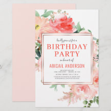 Convite de Aniversário Floral Coral Econômico