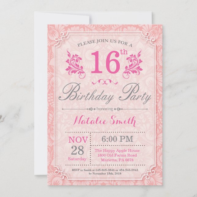 Convite de Aniversário Floral de 16 Anos Rosa para (Frente)