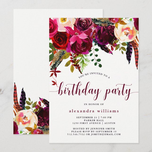 Convite de aniversário floral de Boho | (Frente/Verso)