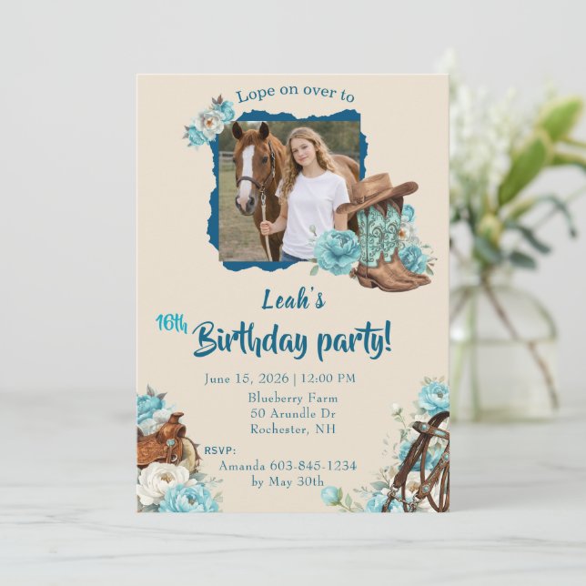 Convite de Aniversário Floral de Cavalo Ocidental  (Em pé/Frente)