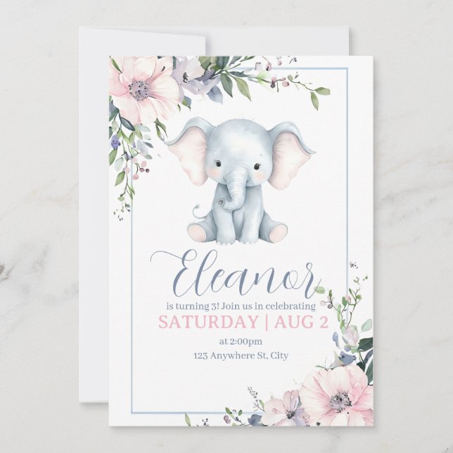 Convite de Aniversário Floral de Elefante Fofo e D (Frente)