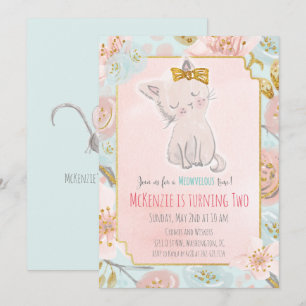 CONVITE DE ANIVERSÁRIO FLORAL DE GATINHO FOFO PARA