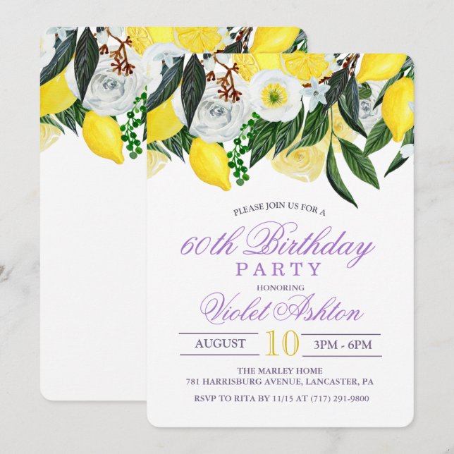 CONVITE DE ANIVERSÁRIO FLORAL DE LIMÃO PARA TODAS  (Frente/Verso)