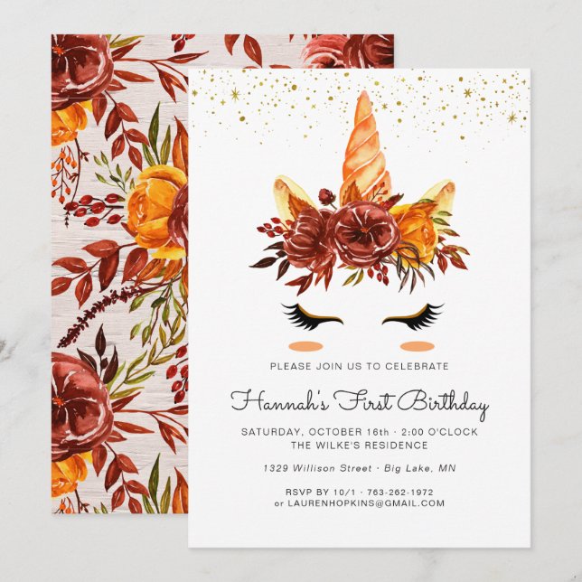 Convite de Aniversário Floral de Outono com Rosto  (Frente/Verso)