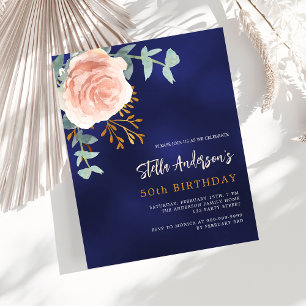 Convite de aniversário floral de rosa azul