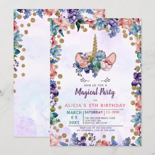 Convite De Aniversário Floral De Unicorn Face Glit