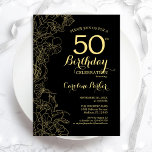 Convite de aniversário Floral Dourado preto 50º<br><div class="desc">Convite de aniversário Dourado preto Floral 50º. Design minimalista moderno com desenhos botânicos em destaque, folha de ouro falsa e letra de script de tipografia. Simples trendy convida cartão perfeito para uma festa de na moda. Pode ser personalizado para qualquer idade. Impressos convites Zazzle ou modelo de impressão digital instantânea...</div>