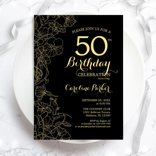 Convite de aniversário Floral Dourado preto 50º (Criador carregado)