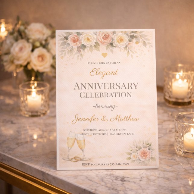 Convite de Aniversário Floral Dourado Rosa (Blush and gold floral anniversary dinner invitation with soft roses and champagne detail)
