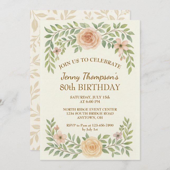 Convite de aniversário Floral Elegante (Frente/Verso)