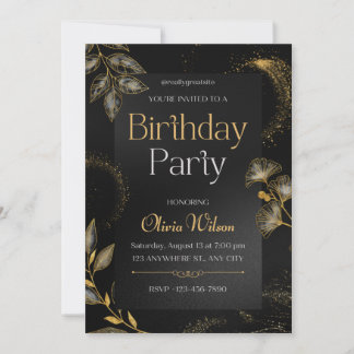 Convite de Aniversário Floral Elegante Preto e Dou