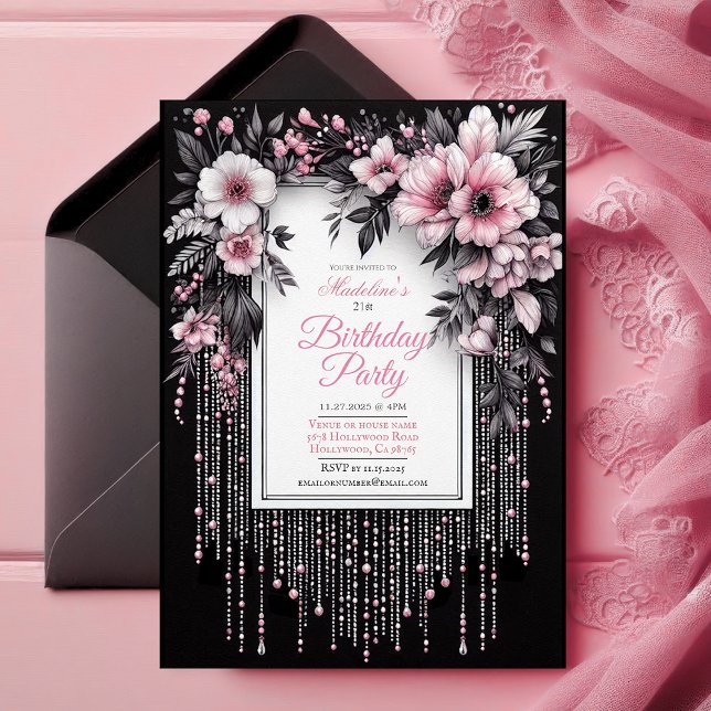 Convite de Aniversário Floral Elegante Preto e Ros (Editable Sweet 16 Invitation, black and pink floral, sixteenth birthday party, elegant glam chic,)