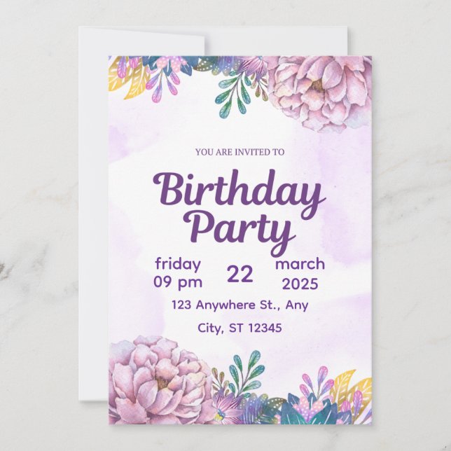 Convite de Aniversário Floral em Aquarela Roxa (Frente)