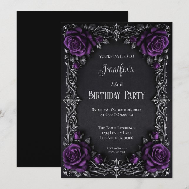 Convite de Aniversário Floral Gótico (Frente/Verso)