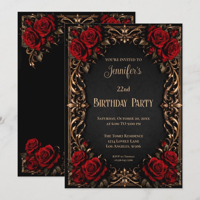 Convite de Aniversário Floral Gótico (Frente/Verso)