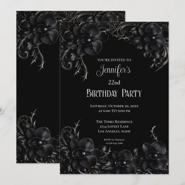 Convite de aniversário floral gótico de orquídeas  (Frente/Verso)