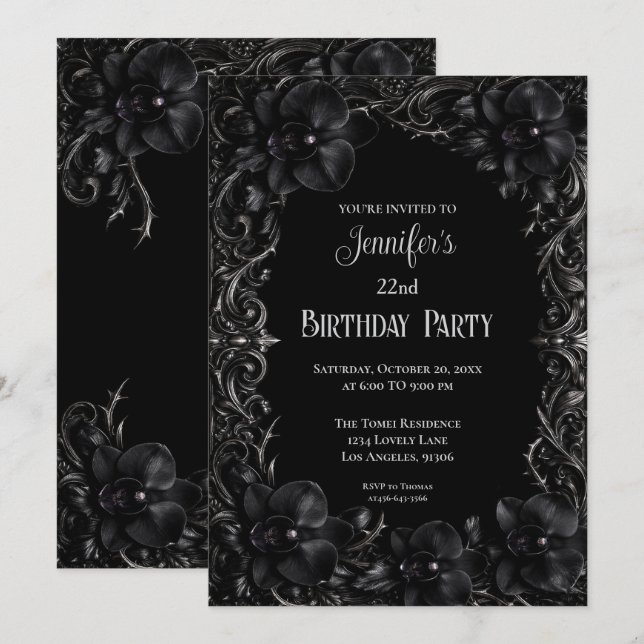 Convite de aniversário floral gótico de orquídeas  (Frente/Verso)