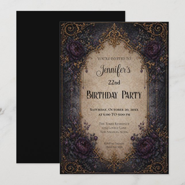 Convite de Aniversário Floral Gótico Vintage (Frente/Verso)
