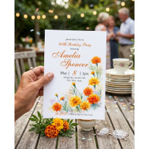 Convite de Aniversário Floral Laranja Aquarela 