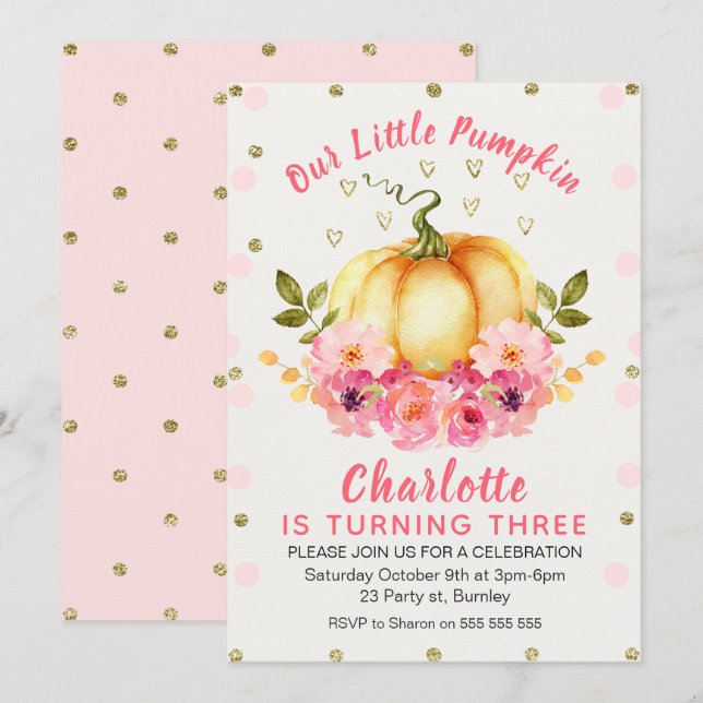 Convite de Aniversário Floral Little Pumpkin (Frente/Verso)