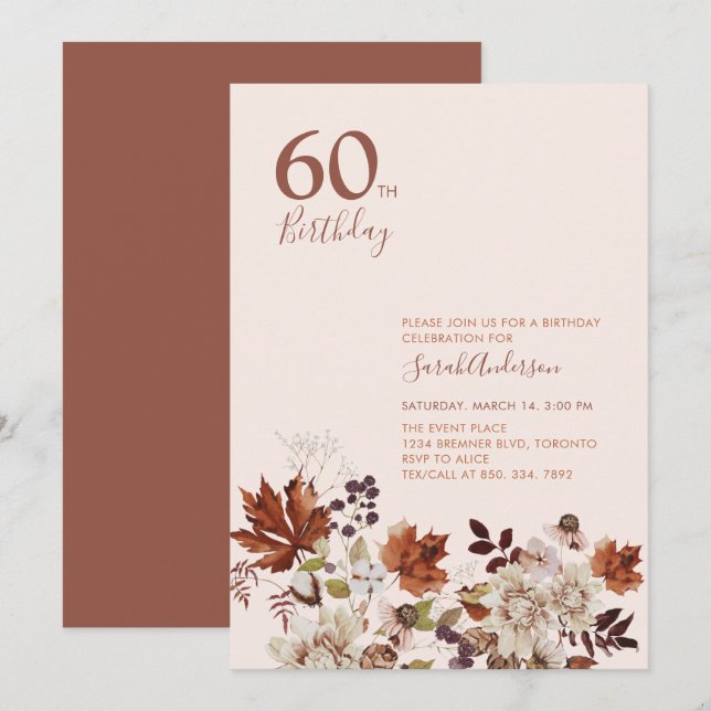 Convite de Aniversário Floral Outono Rústico para  (Frente/Verso)