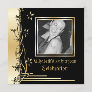 Convite de aniversário floral para Black and gold