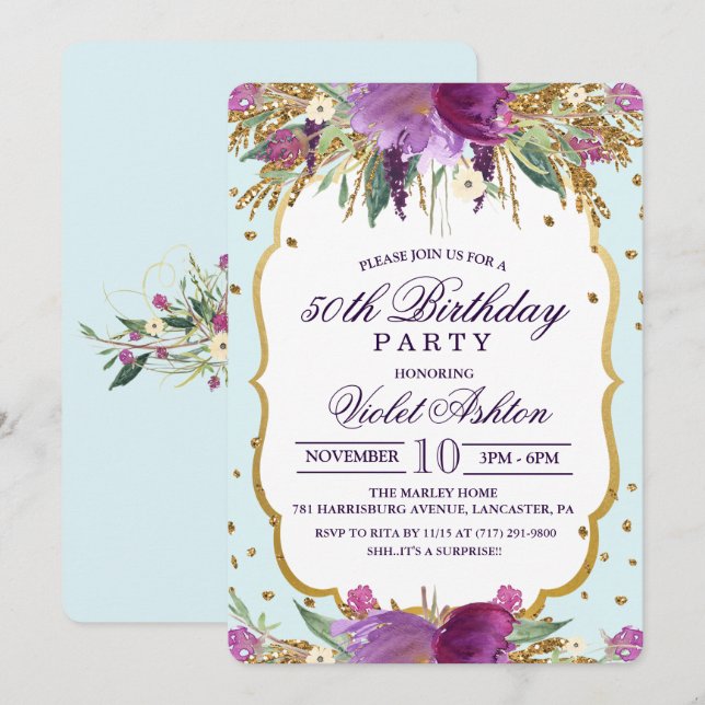 Convite de Aniversário Floral PARA QUALQUER IDADE (Frente/Verso)