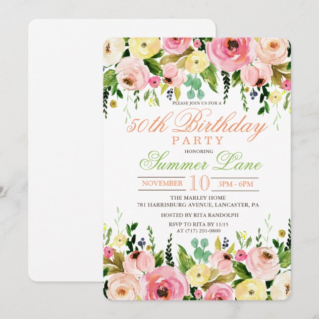 CONVITE DE ANIVERSÁRIO FLORAL PARA QUALQUER IDADE (Frente/Verso)