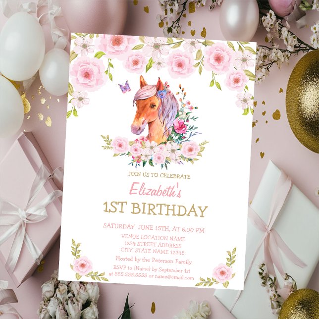 Convite de Aniversário Floral Pônei Brilho Dourado (Criador carregado)